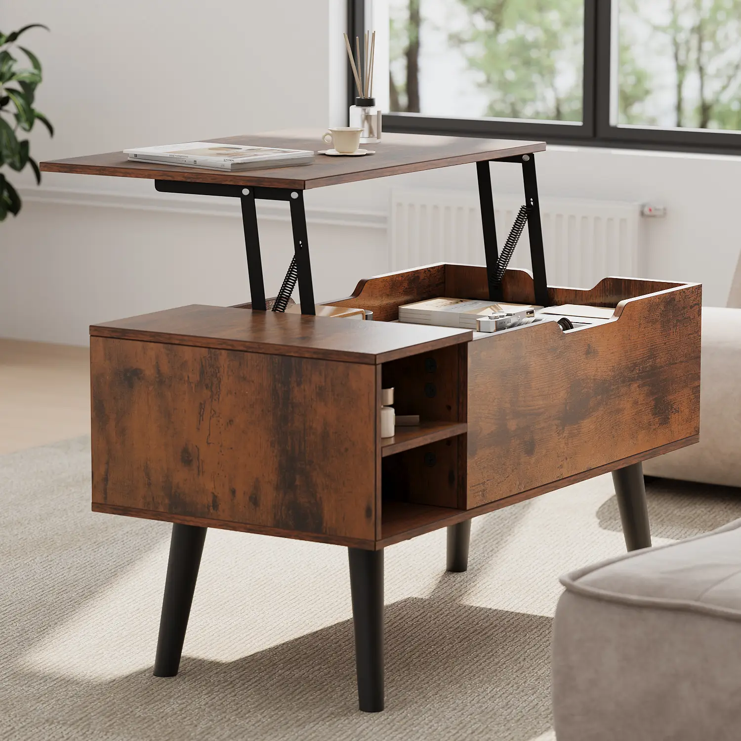 YITAHOME Lift Top Coffee Table, Wooden Coffee Table with Adjustable Height & Movable Divider, Ample Hidden Storage, Ideal for Living Room Office, Rus