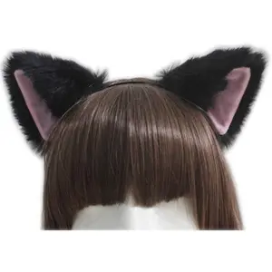 F-HDW31   Cat Fox Long Fur Ears Headband - Size: approx. 10x10cm, Color: Black fluff with Pink Inside, Material: Faux Fur, Costume Headband for Anime Cosplay Party Costume, Halloween, Carnival