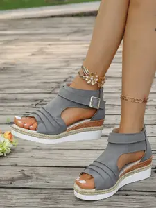 Women's Retro Open Toe Platform Thick Sole Wedge Sandals, Casual Boho Style, Textile Upper, Eva Material, Zipper Back, Less Than Ankle Height