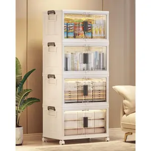 48QT Lockable Storage Bins with  - Folding Storage box with Doors and Wheels, Collapsible Plastic Storage Bins for Closets, Stackable Storage Organizer, Storage Containers, 4 Pack Cubes