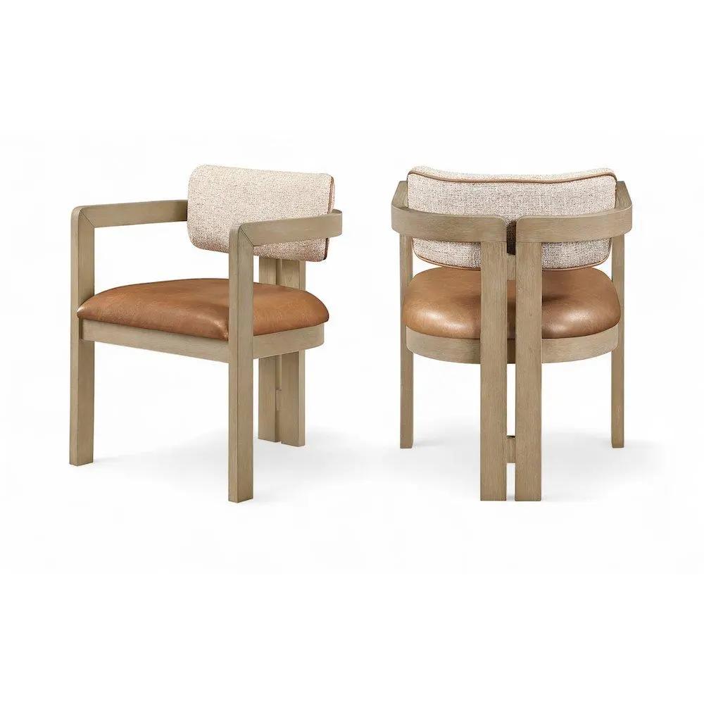 Modern Ravina Cognac Vegan Leather-Linen Fabric Upholstered Dining Chair with Upholstered Seat, Set of 2