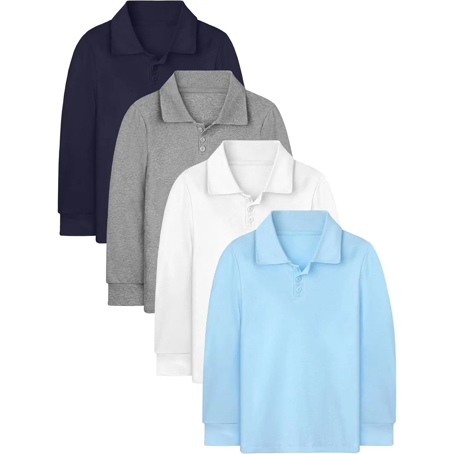 4 Pack Boys Uniform Long-Sleeve Pique Polo Shirt Soft Casual Polo Shirt School Uniform Blouse for Kids