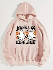 Women's Cartoon Ghost Graphic & Letter Print Pocket Drawstring Hoodie, Casual Drop Shoulder Long Sleeve Hooded Sweatshirt, Lady Fall & Winter Clothes Halloween