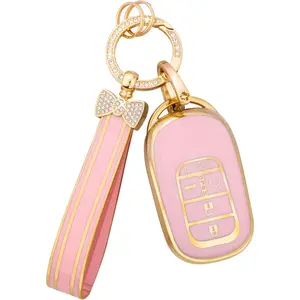 Key Fob Cover for Honda CRV, HRV, Civic, Accord, Pilot (2023-2024) - 5 Buttons - TPU Protector with Bling Keychain - Pink Gold - Girly Cute for Women