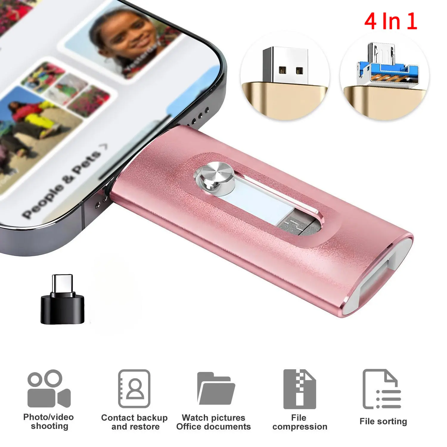 4 in 1 Flash Drive, High-Speed USB 3.0 External Storage for iPhone Android PC Mac, OTG Flash Pen Drive with Free Type-C, High Speed USB Memory Stick iPhone Flash Drive for Photos Videos