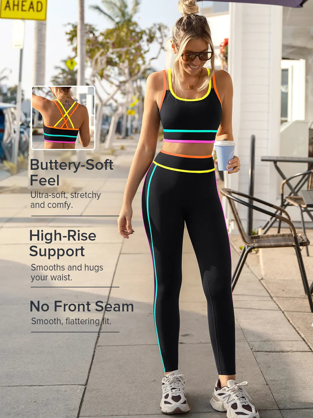 POPVIL Women's Neon Colorblock 2-Piece Yoga Leggings Set - High Waisted Leggings, Criss Cross Sleeveless Sports Bra, Breathable, No Front Seam, Activewear Fitness Wear, Athleisure Wear, Tank Tops, Leggings Sets, Sleeveless Top