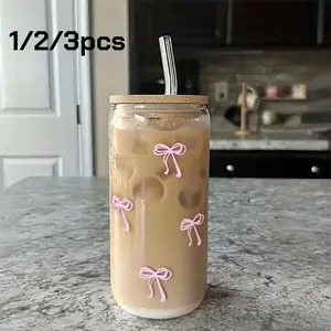 Charming Pink Butterfly Glass Cup Set (1/2/3pcs) | With Lid & Straw，Perfect for iced coffee, a cute schoolgirl-style mug，A trendy, feminine drinkware gift for Valentine’s Day, Christmas, or birthdays，Ideal for the fashion-forward girl!