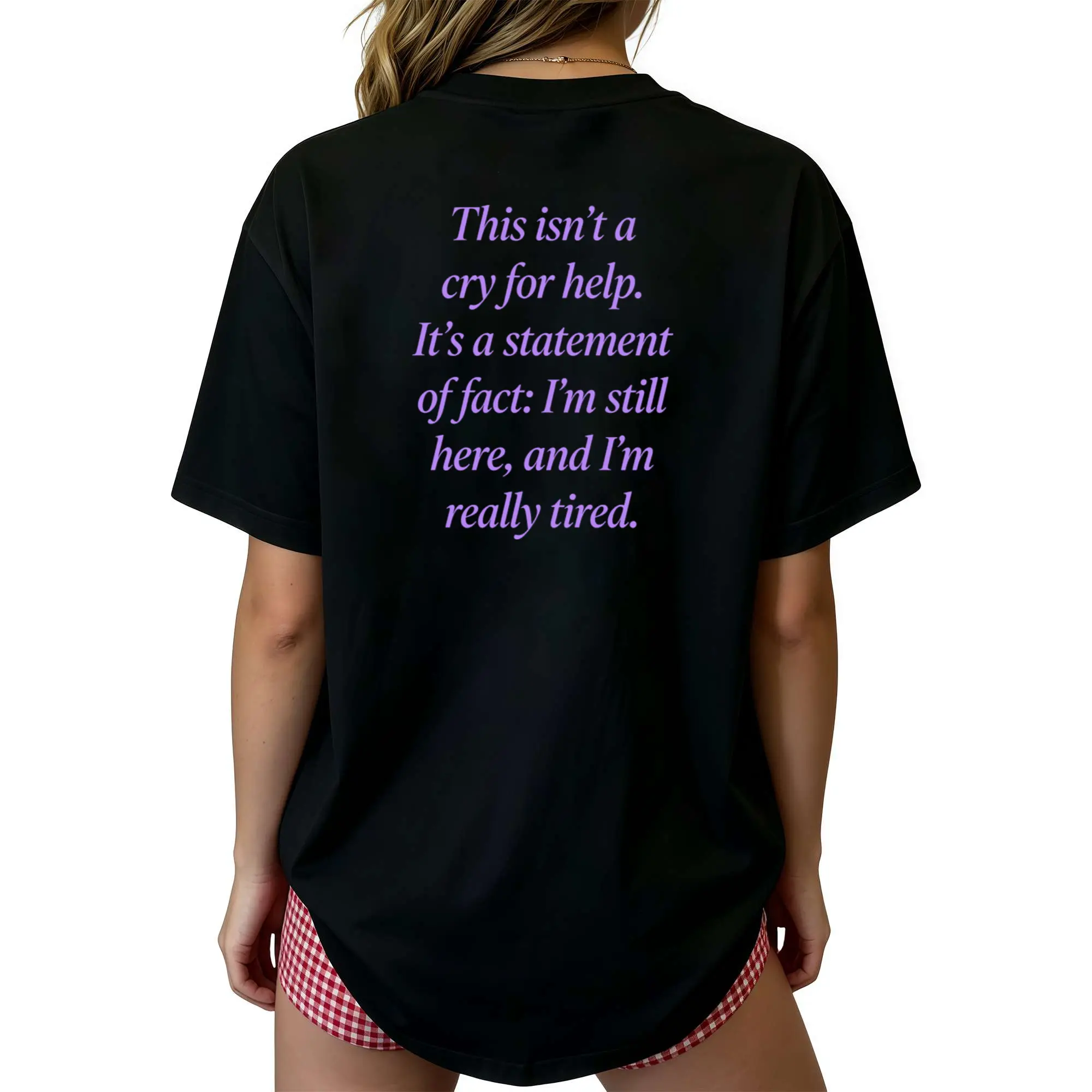 Blunt Sincere Low Energy Fact Statement Soft Script Graphic Loose Relaxed Fit T-Shirt For Adults Open About Chronic Emotional Exhaustion