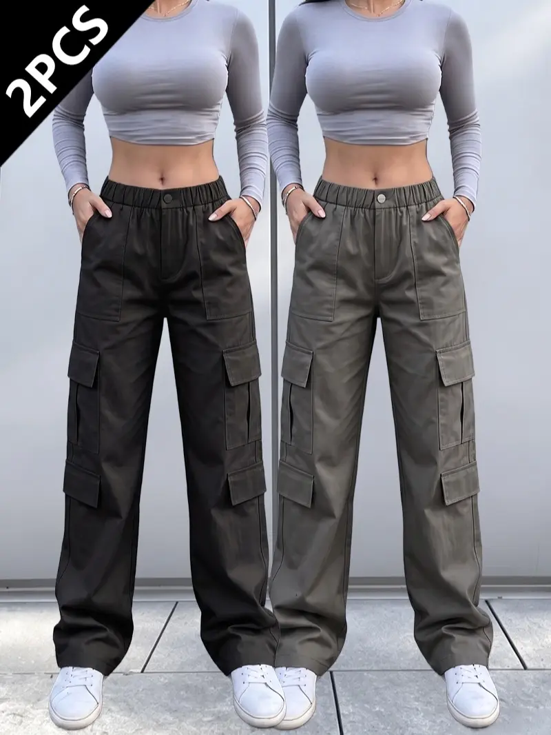 Clean Gent two-piece set featuring a loose wide-leg pants with multiple pockets and straight-leg street casual trousers; casual pants; hip-hop style relaxed cargo pants; women’s long pants for all seasons.