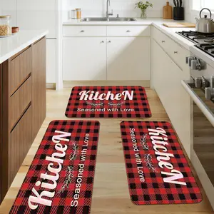 1/2/3PC Red Checkered Background Letter Combination Printed Floor Mat For Kitchen, Soft Flannel Kitchen Floor Mat, Non-slip Oil-proof Floor Mat, Waterproof Kitchen Mat, Dirt-resistant Floor Mat, Kitchen Laundry Bathroom Mat, Room Decor