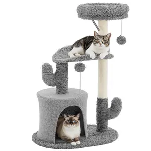 Sweetcrispy 33" Cactus Cat Tree Tower with Sisal Scratching Post Plush Condo Hovering Nest Interactive Balls for Indoor Cats Kittens