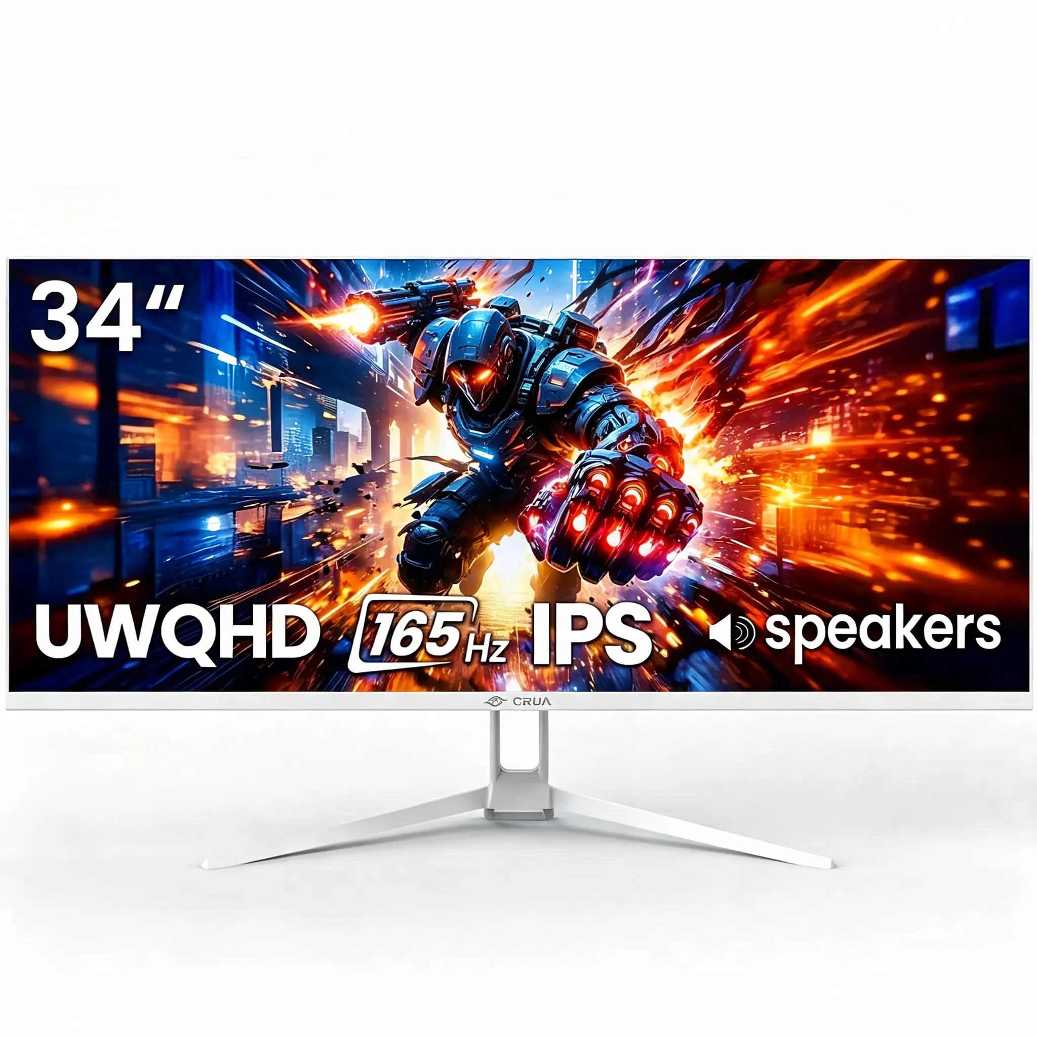 CRUA 34" IPS Ultrawide Gaming Monitor – 165Hz, WQHD 3440x1440, 120% sRGB, FreeSync, Built-in Speakers, Low Blue Light, HDMI/DP, VESA 75x75mm, for Gaming & Work