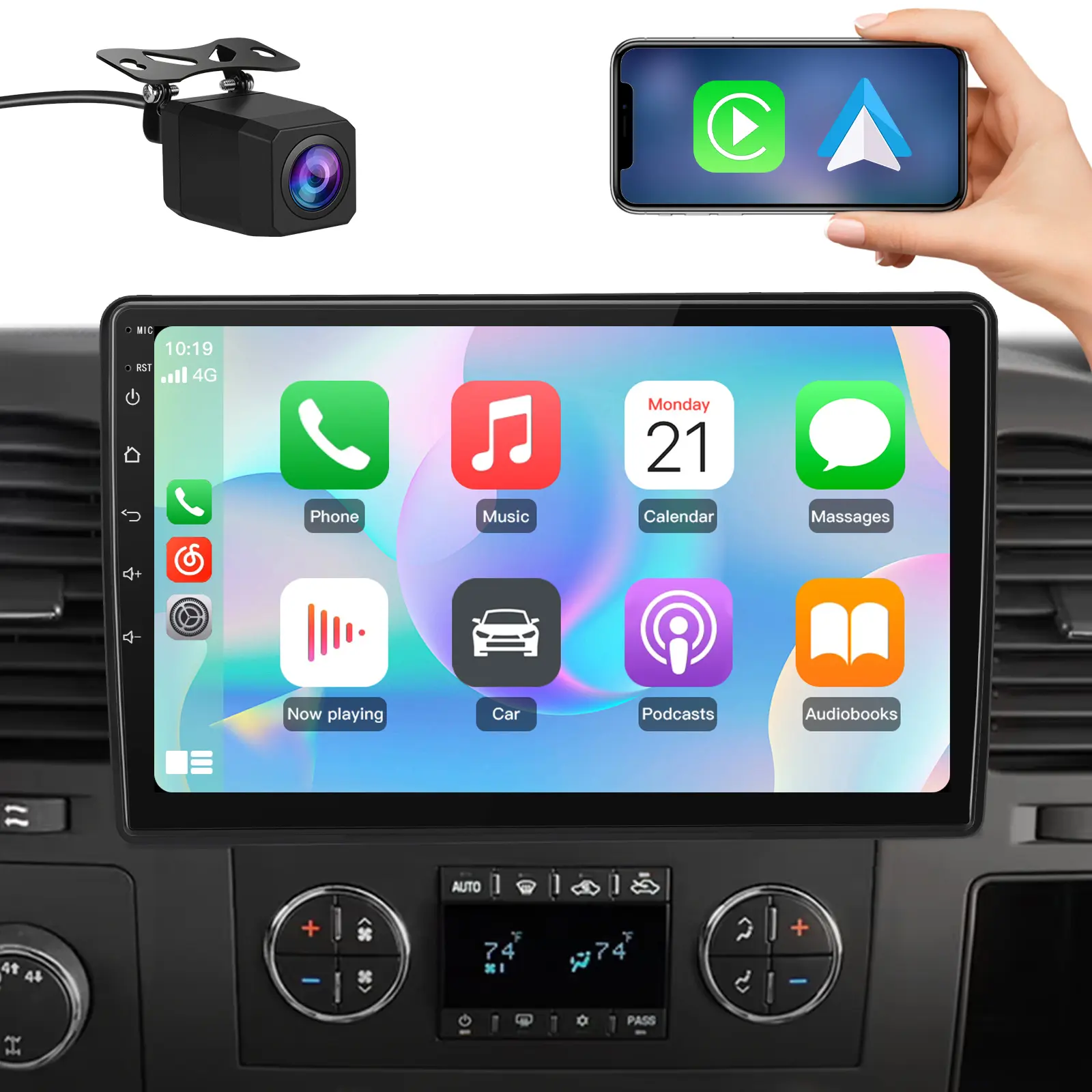 Car Stereo for GMC Chevy Silverado 2007-2013 touch screen has Android Auto Wireless Carplay, Bluetooth WIFI supports GPS Navigation