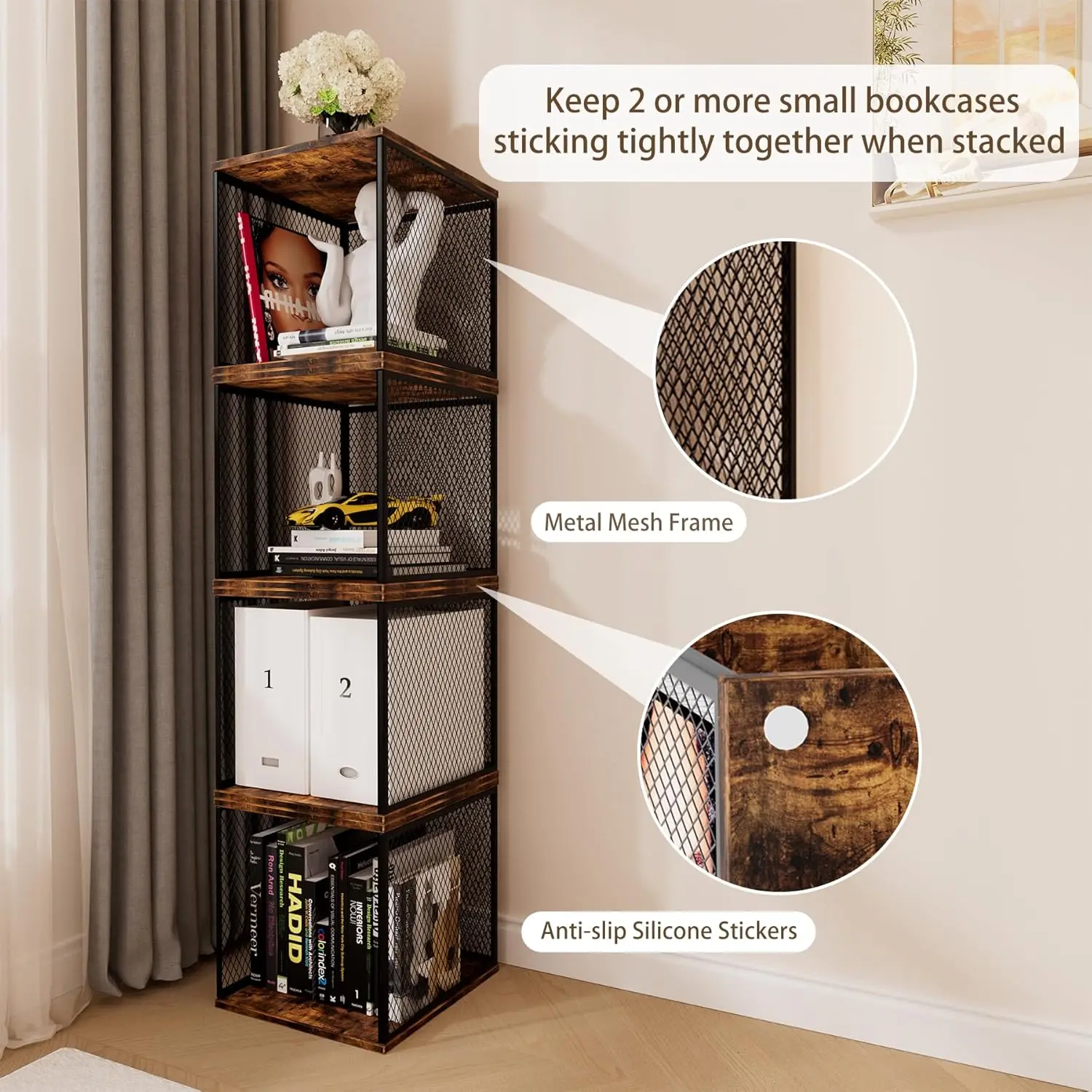 2 Cube Storage Organizer, Small Bookshelves, DIY Variable Stackable Wooden & Metal Cubes Shelves for Desktop, Bedroom, Living Room
