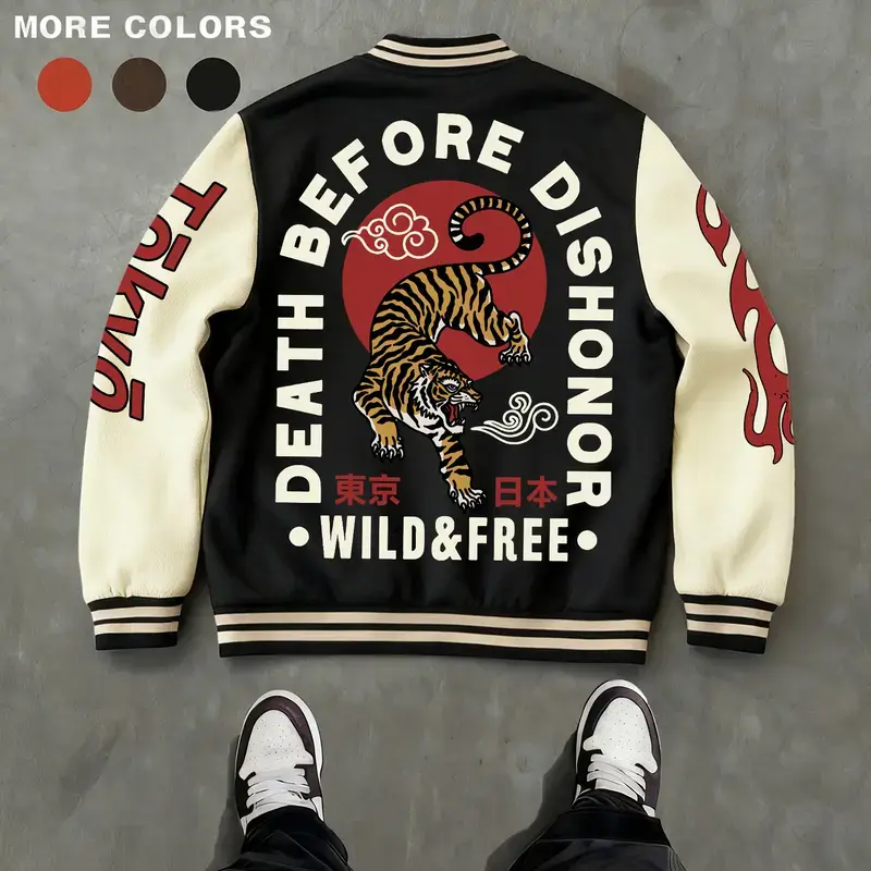 autumn and winter coat Men's Baseball Jacket Polyester Soft Orange & Apricot Colorblock Japanese Tokyo Tiger Print Graphic Varsity Coat Y2K Vintage, Baseball Jacket, Varsity Style Jacket, Unisex Sport Streetwear