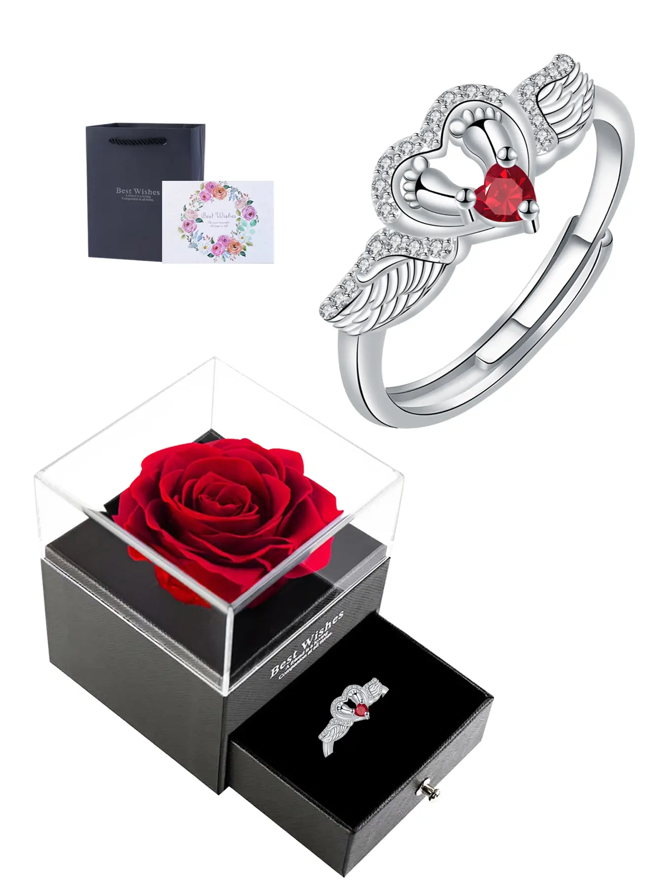 Angel Wing Heart Ring With Rose Jewelry Gift Box, Heart Design Ring, Angel Memorial Ring for Women, Mothers Day Christmas Gifts for Mom Mother New Mom Beautiful Rings