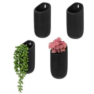 Matte Black Ceramic Wall Mounted Cylindrical Vertical Succulent Hanging Planter Flower Vase Pots, Set of 4