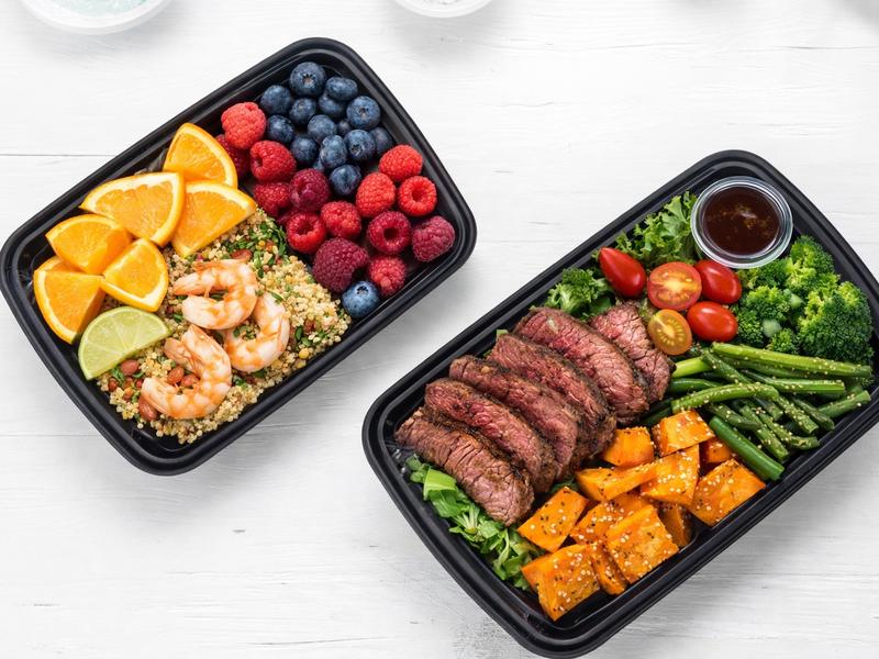 32oz One Time Use Plastic Black BPA Free Food Prep Containers, Nuts Container, Bento Box, Fast Food Take Out Box, BBQ Box, Portable, Stackable, Extra Thick, Microwavable, Freezer Safe, Disposable, Leak proof, Dish Washer Safe