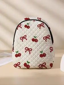 Cherry Pattern Quilted Design School Backpack Daypack, Lightweight Durable School Bag with Lunch Pocket, Cute Student Backpack for Primary School, Middle School & University