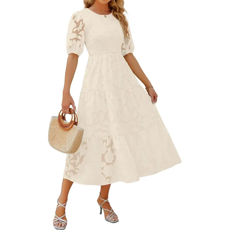 ZESICA Women's 2025 Summer Short Puff Sleeve Crewneck Smocked Floral Lace Flowy A Line Tiered Maxi Dresses