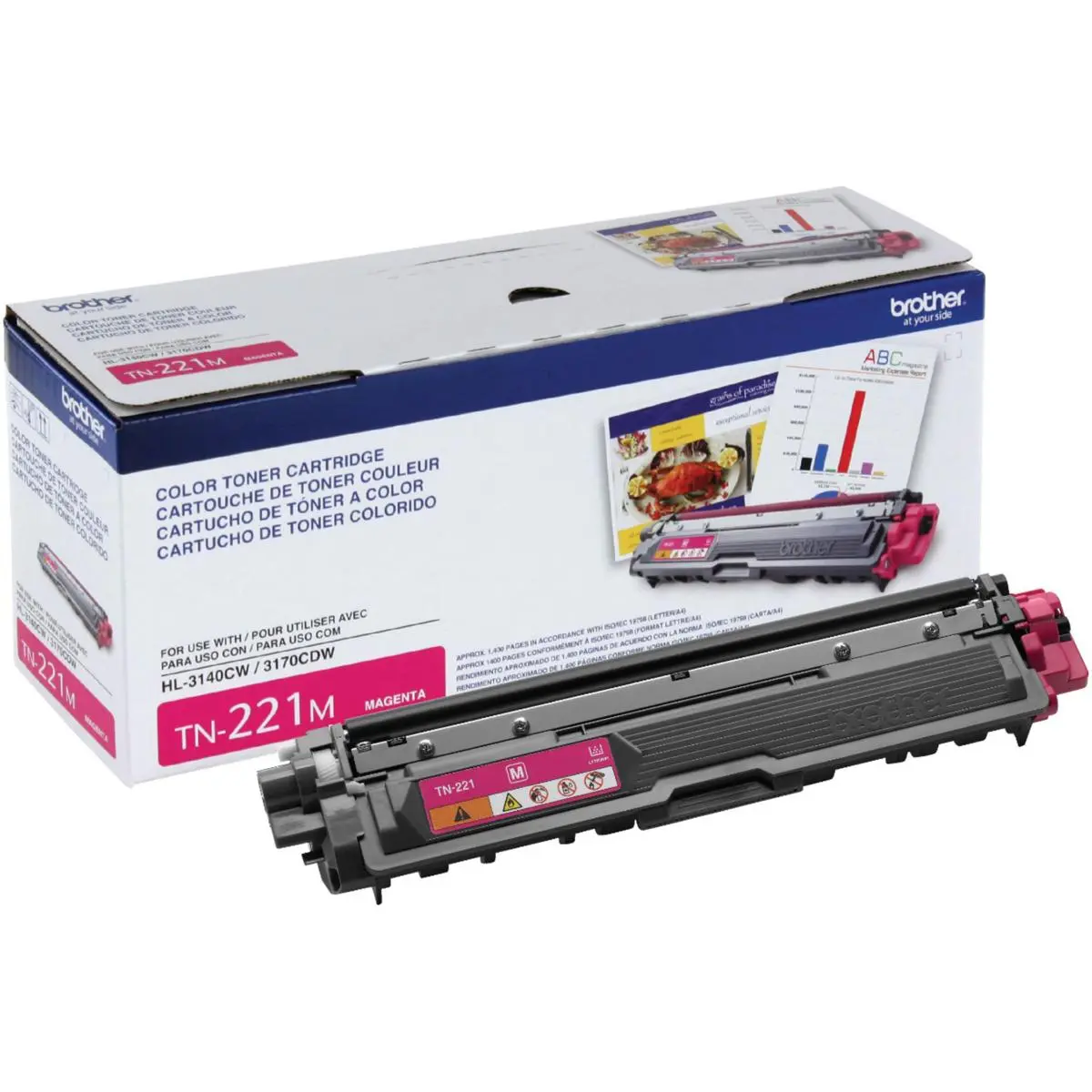 Brother TN221 Standard Yield Magenta Laser Toner Cartridge for HL-3140CW, HL-3170CDW, MFC-9130CW, MFC-9330CDW, MFC-9340CDW Laser Printers, 1400 Page Yield