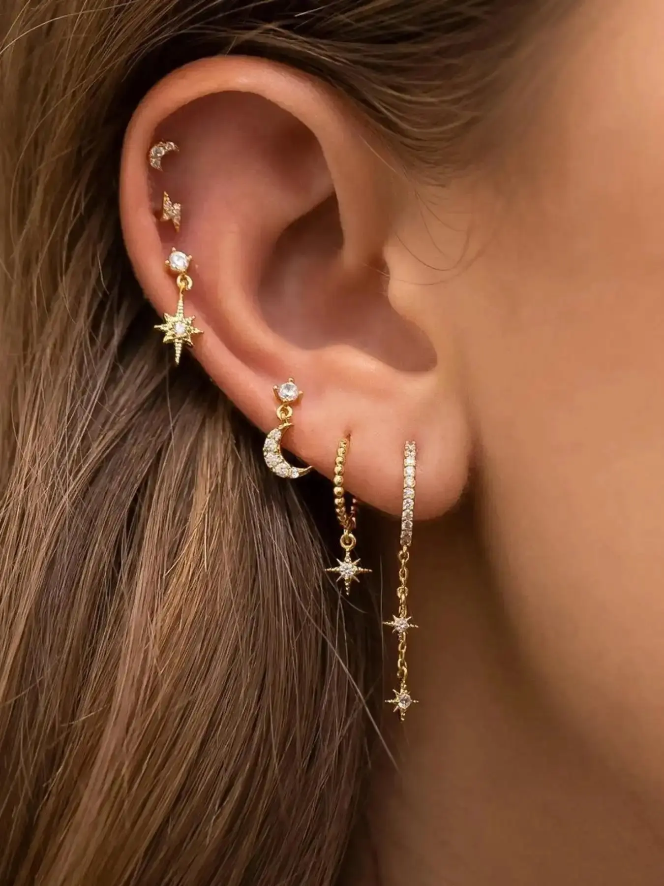 Star Moon Design Dangle Earrings Stud Cute Rhinestone Decor Set, Fashion Jewelry Accessories for Women Girls, Trendy Jewellery Constellation Earring Her Love Romantic Classy Vintage Zircon Minimalist Stunning Wedding
