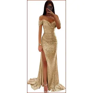 off-the-Shoulder Split Bridesmaid Dress, Pleated Evening Gown