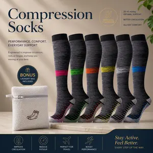 [15-20mmHg] Graduated Compression Socks for Women Men, 5/6 Pack Knee High Support Socks for Running Gym Nurses Travel, Anti-Slip Moisture Wicking