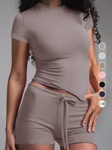 Women's Solid Color Modal Loungewear Two-piece Matching Set, Casual Comfy Minimalist Short Sleeve Round Neck Tee & Drawstring Waist Shorts Pj Set, Ladies Sleepwear for All Seasons, Shortsleeve Womenswear, Basic Pajama Set, Loungewear Pjs