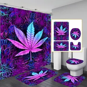 1PC/4PCS 2D Flat Printing Purple and Blue Psychedelic Marijuana Leaf Patterned shower curtain, home bathroom decor, shower curtain set with 12 hooks, non-slip bathroom rug, U-shaped toilet seat cover, toilet seat mat, Bathroom Accessory