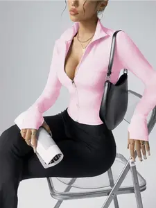 Women's Sporty Long Sleeve Jacket, Full Zipper, Thumbholes, Plain Pattern, All Seasons, Yoga & Fitness Wear, European Size