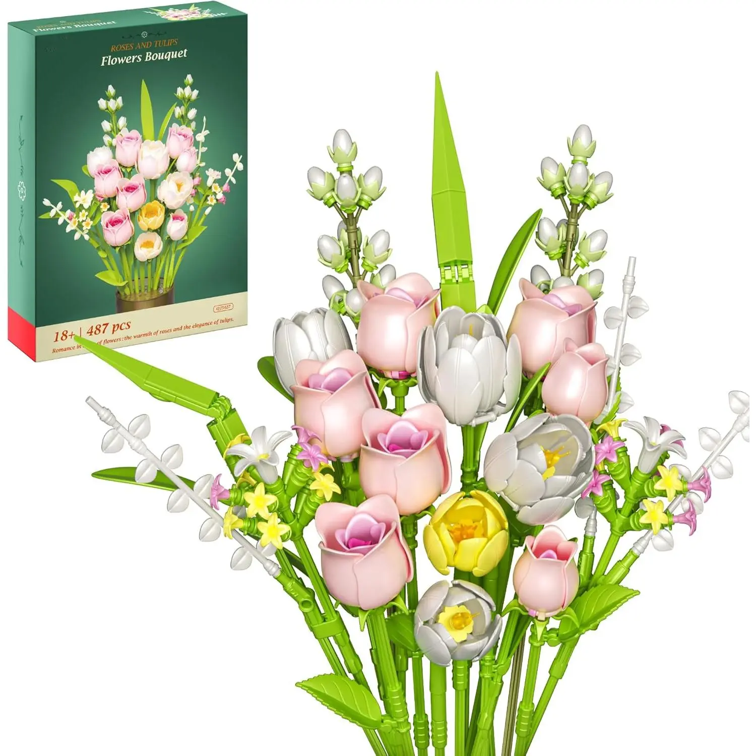 18-Pack Floral Tulip & Rose Decorative Bouquet Building Set - Home Decor Flowers & Plants, Ideal Christmas & Valentine’s Gifts for Kids