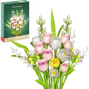 Tulip & Rose Flower Bouquet Building Set 18-Pack, Christmas, Mother's Day, or Valentine's Gifts Ideal for Women, Girls and Boys, Roses Toy Building Set Home Decor