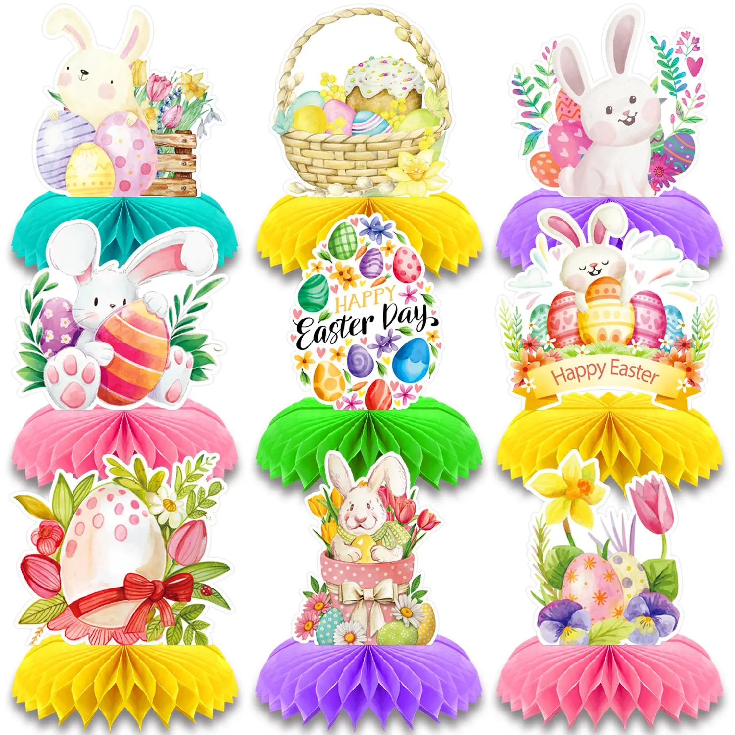 Easter Themed Honeycomb Centerpiece, 9 Counts/set Cute Rabbit & Egg & Basket Pattern Honeycomb Centerpiece, Table Decoration for Home Party, Ornaments