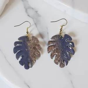 Transparent Navy Blue & Orange Sparkle, Two Tone, Leaf Resin Earrings