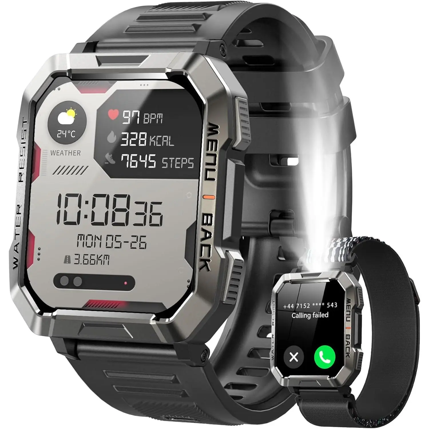 Military Smart Watch for Men (Answer/Make Calls), Large Screen Smartwatch with LED Flashlight 2.01'' Smart Watch for Android and iPhone, Fitness Tracker with Flashlight/Compass/100 Days Battery/Heart Rate/Sleep/100+ Sport Modes(2 Straps)