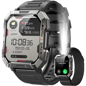 Military Smart Watch for Men (Answer/Make Calls), Large Screen Smartwatch with LED Flashlight 2.01'' Smart Watch for Android and iPhone, Fitness Tracker with Flashlight/Compass/100 Days Battery/Heart Rate/Sleep/100+ Sport Modes(2 Straps)