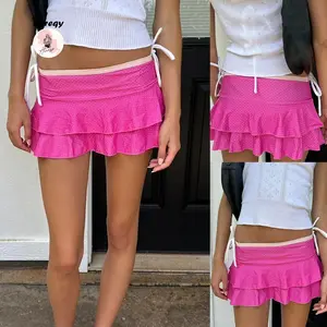 Layered Ruffle Mini Skirt for Women Summer Dots/Stripe/Heart Print/Solid Color High Waist Short Skirts