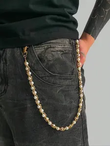 Men's Fashion Casual Minimalist Imitation Pearl Pants Chain, Coiled Alloy Chain, Personalized Accessory, Pant Decoration, Holiday Gift, Pearl Waist Beads