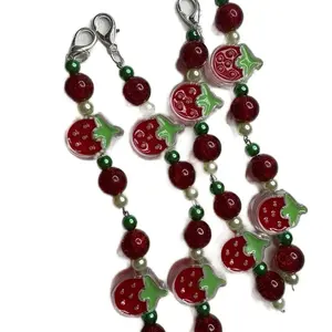 Strawberry Dreams Keychain - Red and Green Beaded Charm with Clip-on Design