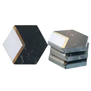 Black and White Hexagonal Marble Coasters Set with Gold Accent - 4 Pieces for Tableware Classic Coffee Sturdy