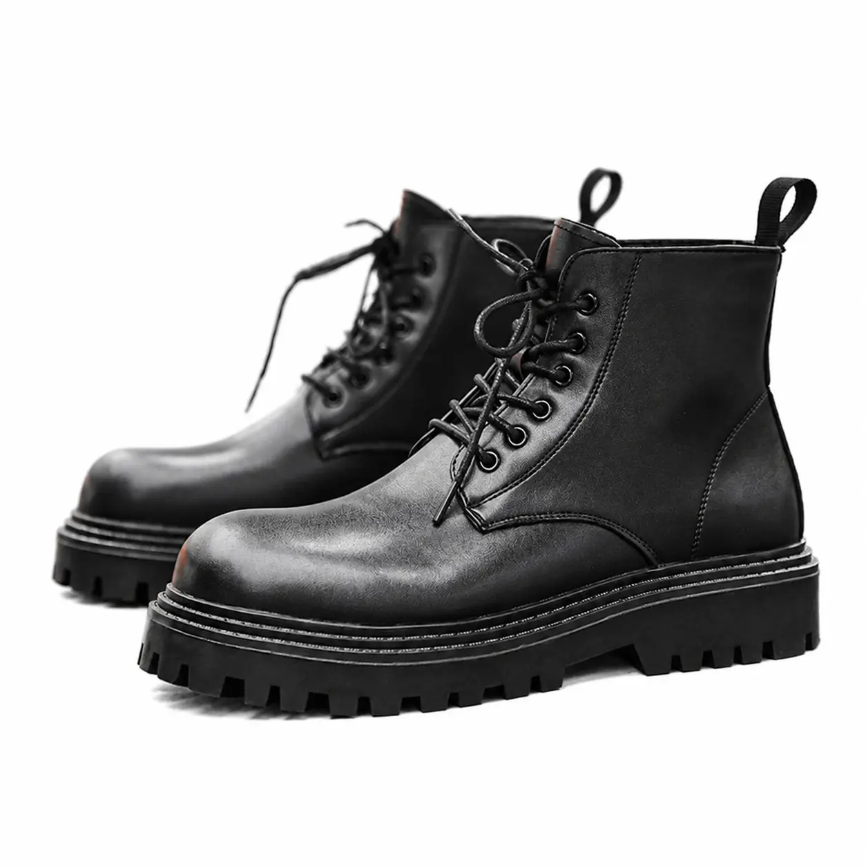 Unisex Glossy Leather Closed Plain Round-Toe Mid-Calf Work Boots - All-Lace Up, Side Pull Tabs, Thick Multi-Layer Studded Sole, Everyday Sports & Outdoor Footwear, Shoe, All Laces
