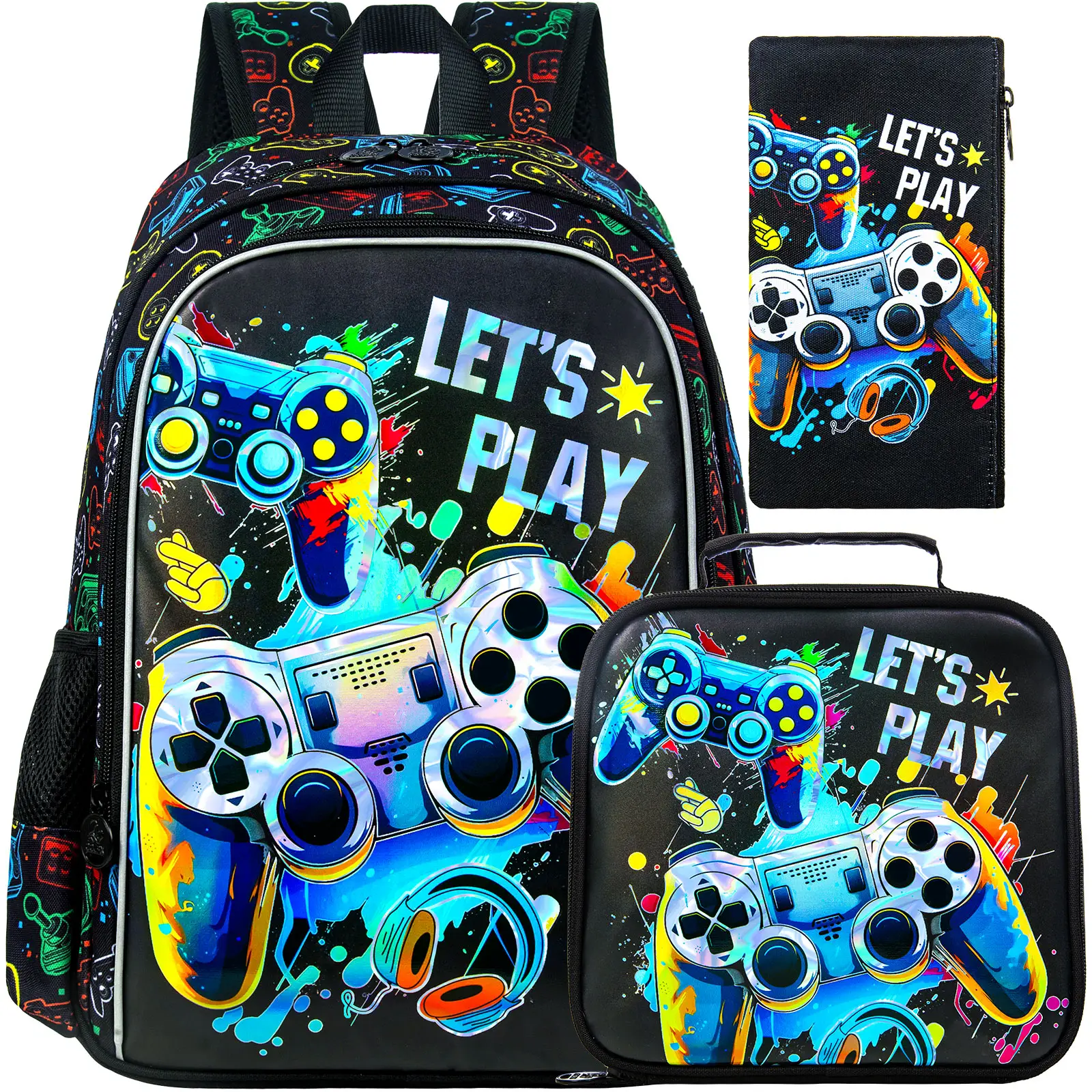 3PCS Boys Game Backpack, Kids Bookbag with Lunch Box, Water Resistant School Bag for Elementary Preschool Toddler