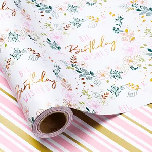 Luxury Reversible Foil Gift Wrap Paper, Birthday Theme Party Decor, 43.2cm X 1000cm, Ideal for Girls' Parties