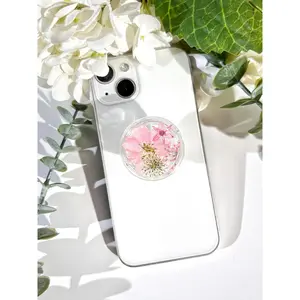 Petite Pressed Pink Flowers Phone Grip,Handmade Dried Flowers Clear Phone Stand, Expanding Cell Phone Charms Accessory, Interchangeable Kickstand, Collapsible Handle Grip Holder for Kindle