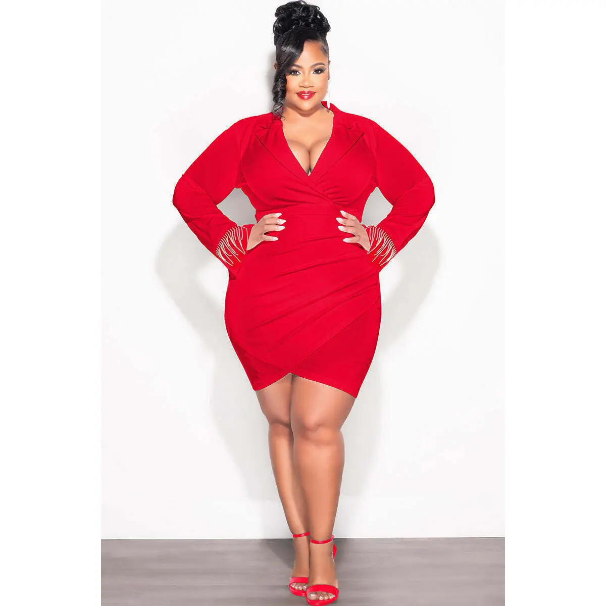 Final Sale Plus Size Collar Faux Wrap BodyCon Dress with Fringe Rhinestone In Red