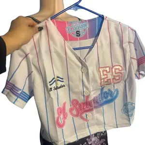 El Salvador Women's Jersey Crop Top Short Sleeve Button Up Shirt with Flag Print ES Design