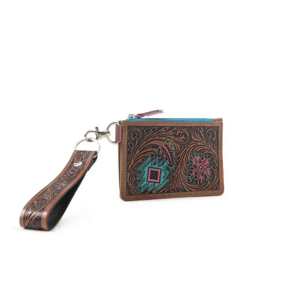 Myra Bag Women's Leather Wallet - Cute, Western Accessories, EDC Casual Custom-Painted, Pink & Turquoise Tooled Cactus Print, ID Window, Card Slot