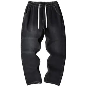 Men’s loose-fit denim jeans with elastic waistband — casual washed distressed jeans with drawstring waist, street-style long pants
