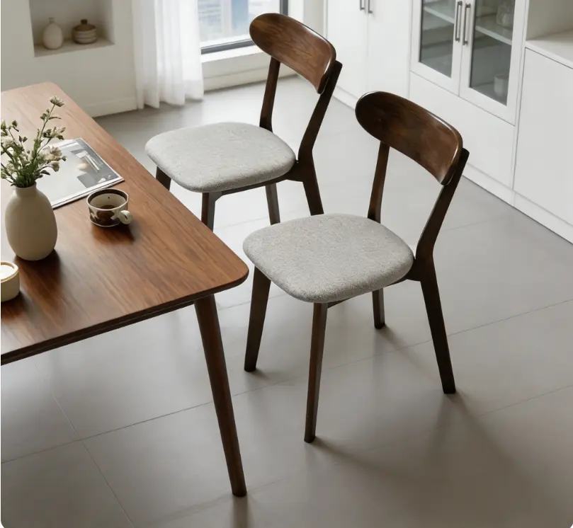Set of 2 Walnut Solid Wood Dining Chairs, Mid Century Modern Chairs with Soft Gray Upholstered Cushion, Curved Backrest Design with Adjustable Foot Pads, Chic Multi-use Home Furniture for Dining Room Kitchen Living Room, Adjustable Feet